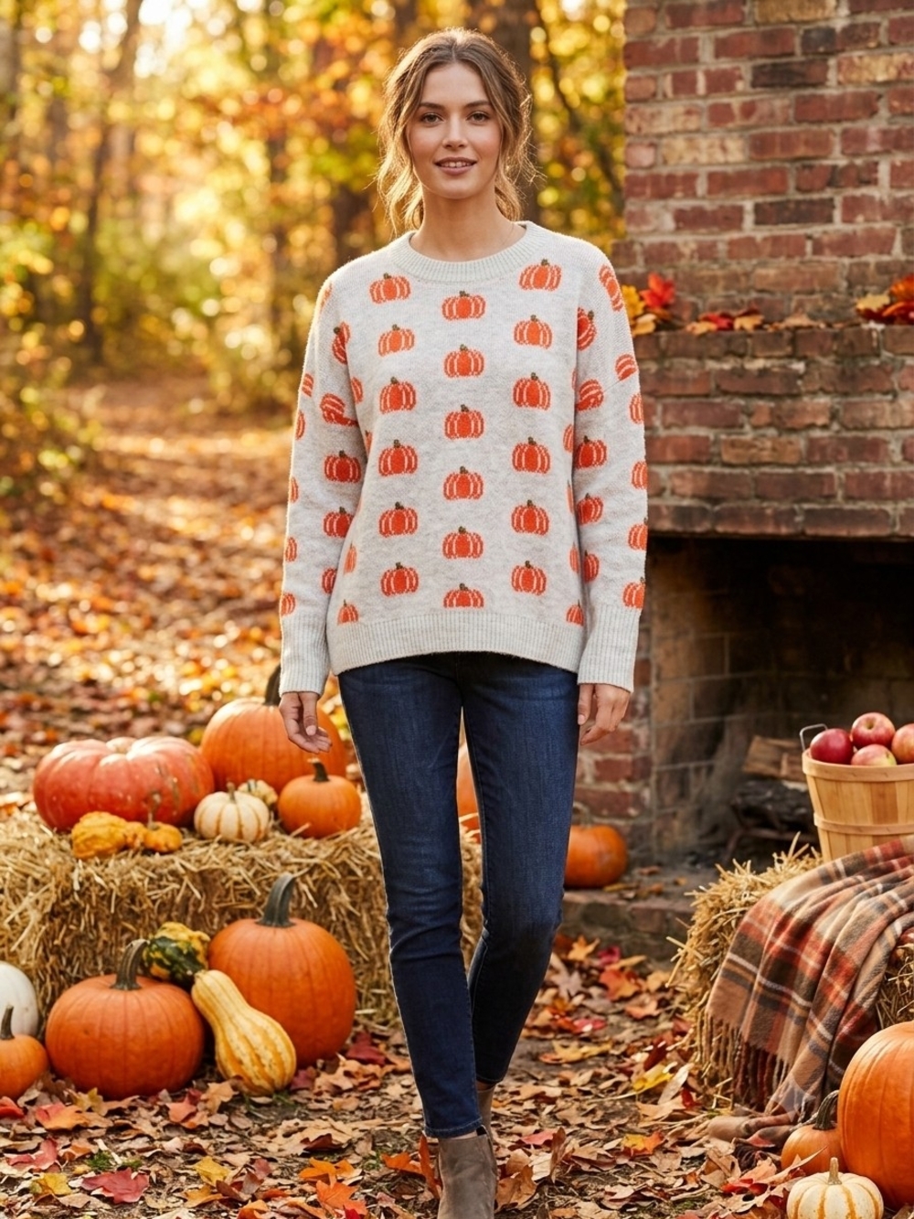 Vince Camuto Cream Sweater with Orange Pumpkin Motif
